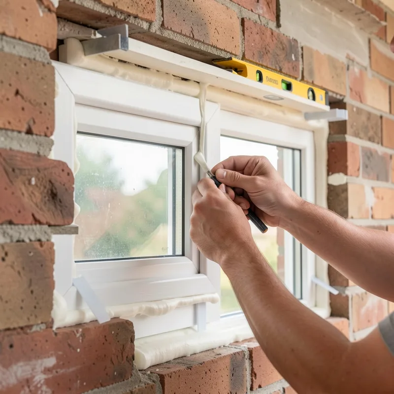 Pose d’une fenêtre PVC neuve calée dans un tableau maçonné, mousse et mastic en cours d’application