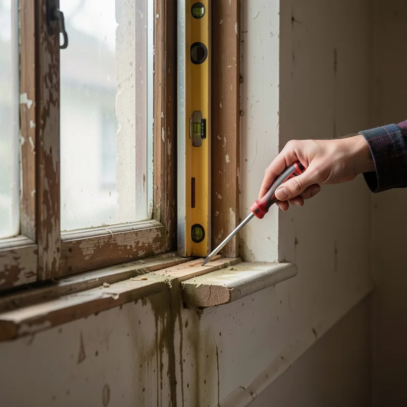 Menuisier contrôlant l’aplomb d’un dormant existant à la règle et au niveau dans une maison ancienne
