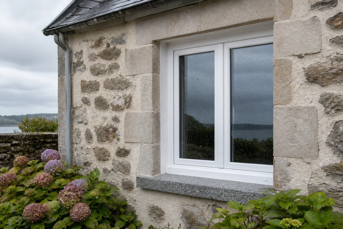 Fenêtre PVC double vitrage posée sur une façade de maison rennaise sous un ciel voilé