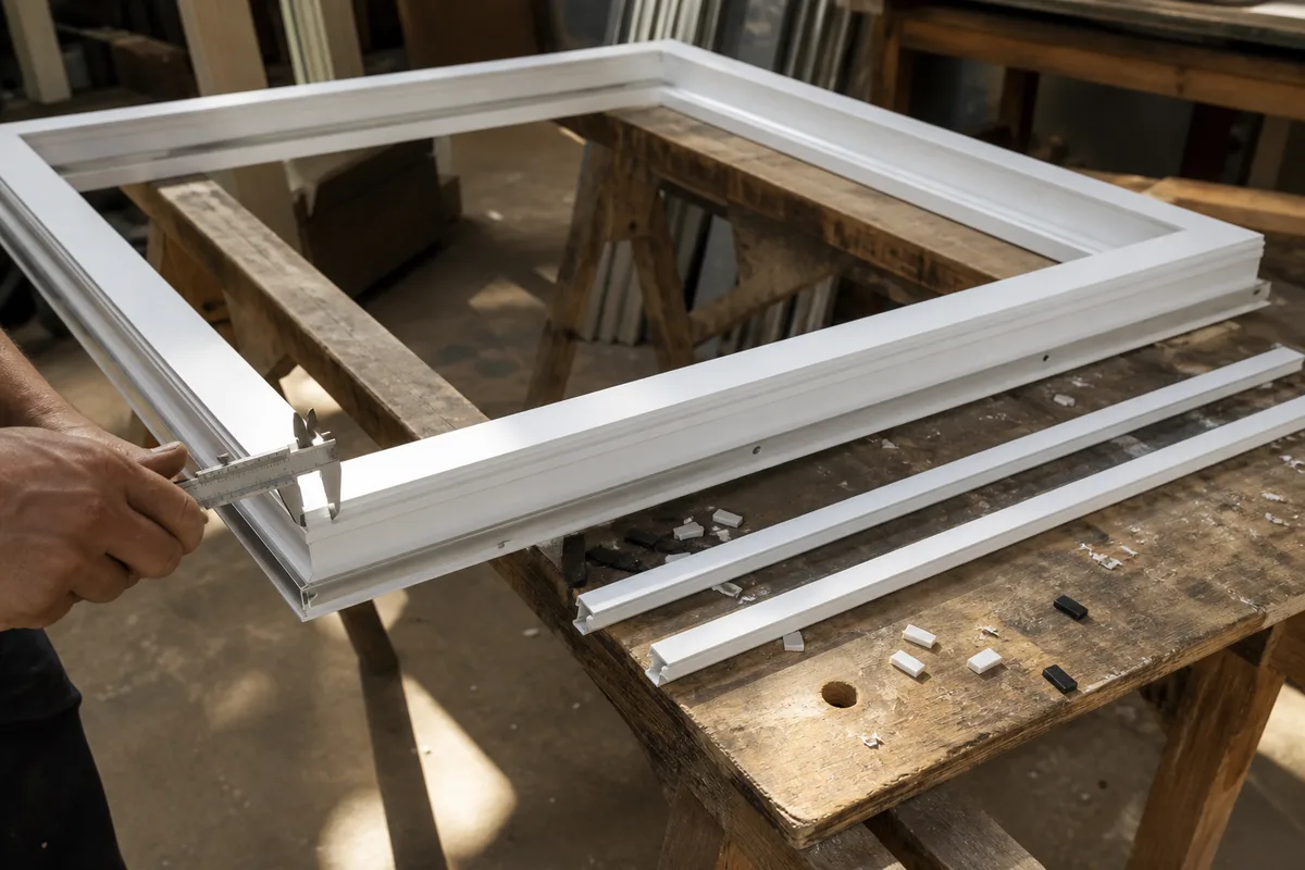 Menuisier mesurant la feuillure d&rsquo;un ouvrant PVC avant remplacement du vitrage