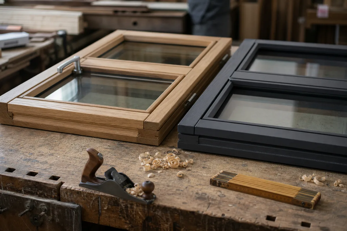 Fenêtres bois et alu posées en rénovation dans un atelier de menuiserie