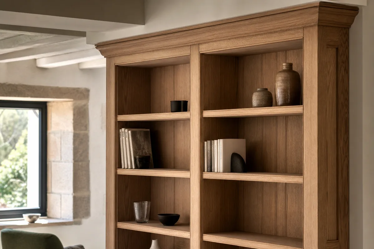 Bibliothèque sur mesure en chêne clair montée toute hauteur dans un salon rennais lumineux