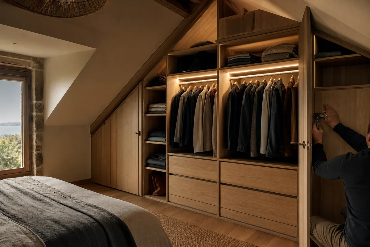 Dressing sur mesure aménagé sous une pente de toit avec penderie, colonnes et tiroirs