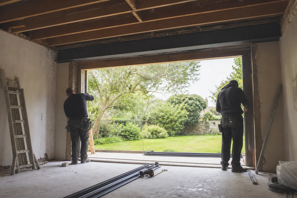 Ouverture d’un mur pour poser une grande baie vitrée dans une extension en rénovation