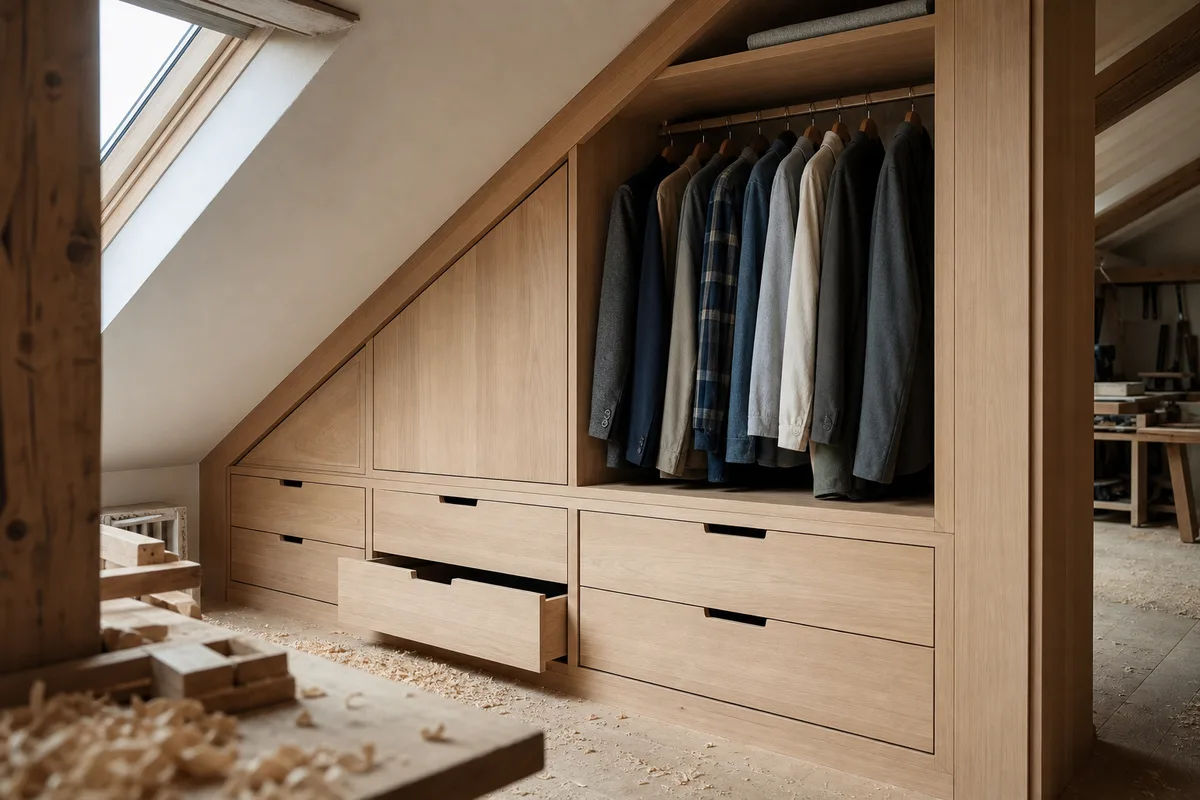 Dressing sur mesure épousant une sous-pente de combles aménagés à Rennes, penderie et tiroirs bas