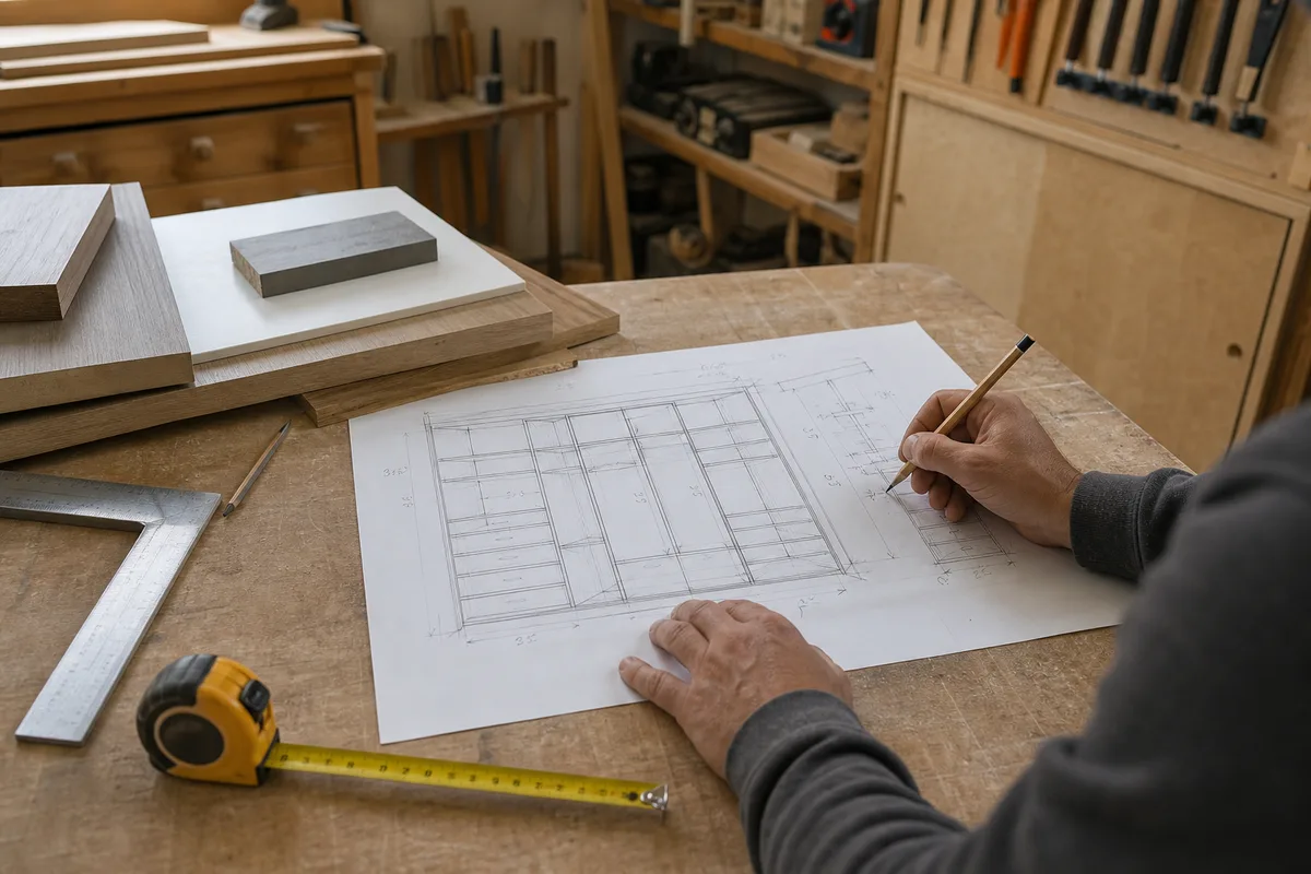 Relevé de cotes et plan d&rsquo;un dressing sur mesure dans un atelier de menuiserie breton, mètre et croquis