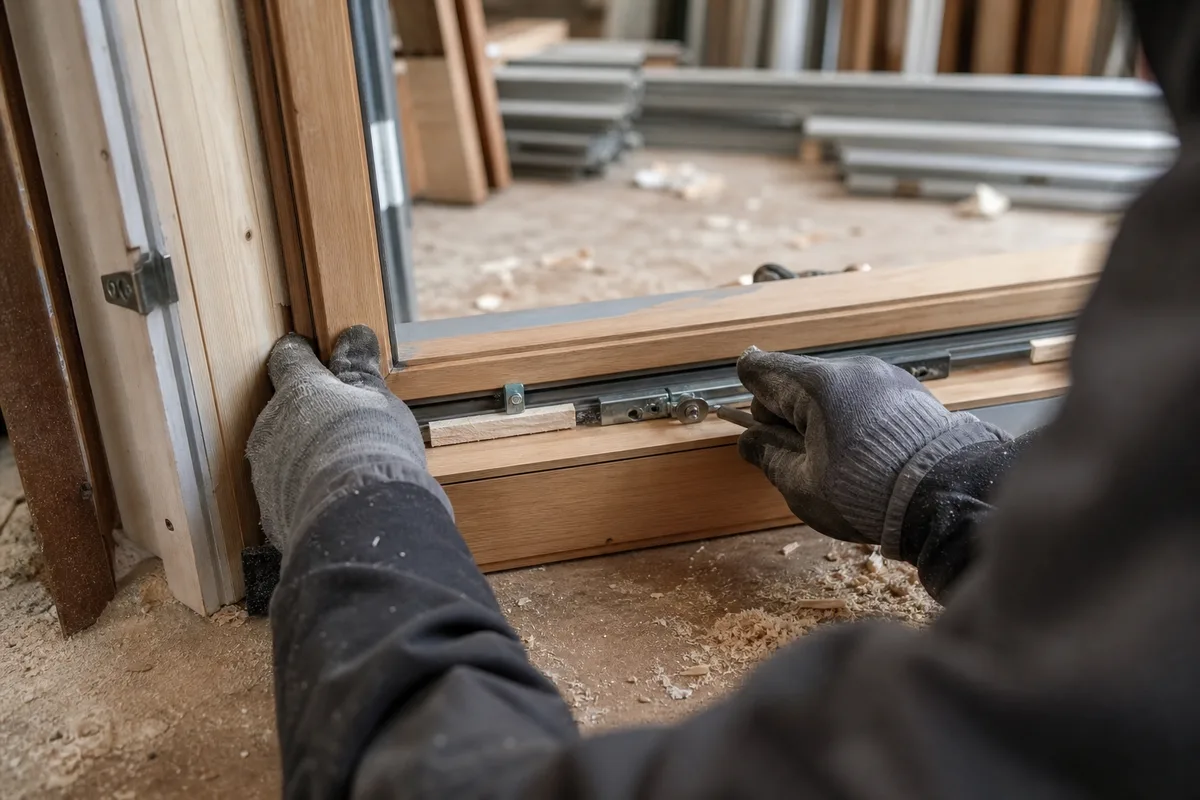Fenêtres bois et aluminium posées en rénovation dans un atelier de menuiserie breton