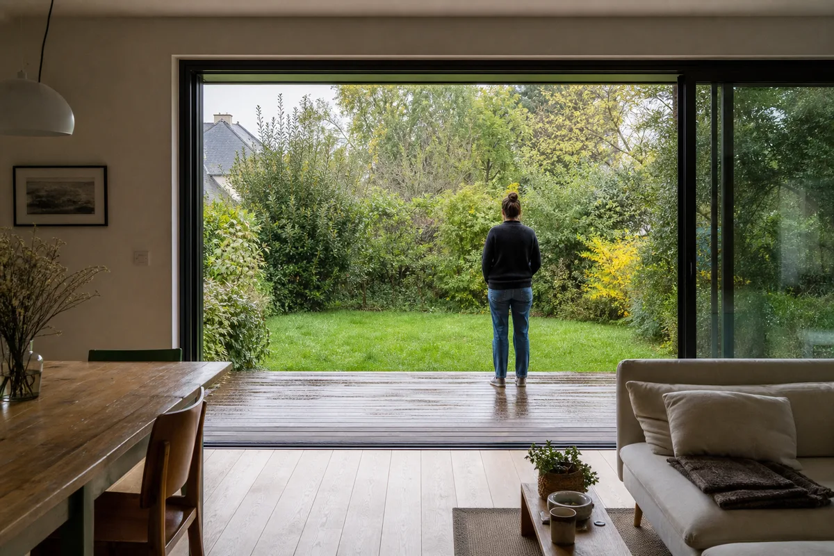 Baie vitrée aluminium ouverte sur un jardin rennais sous une lumière douce