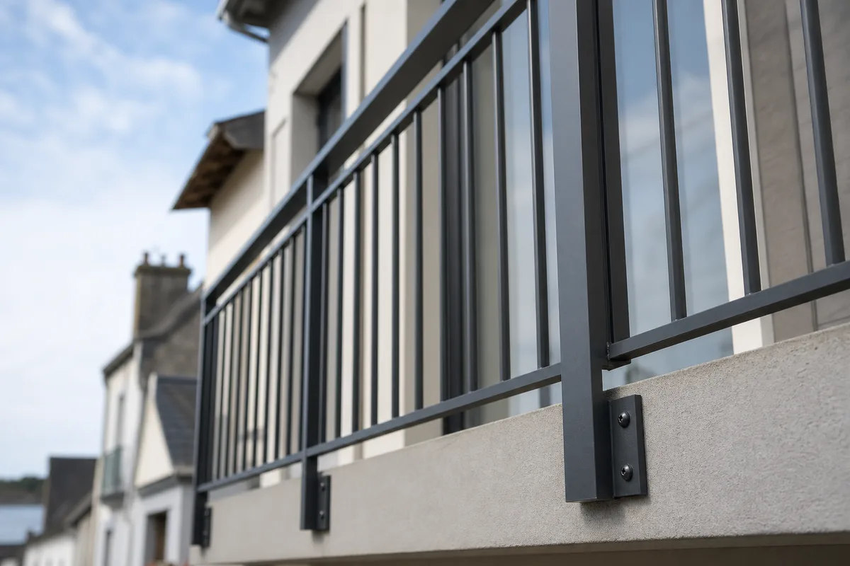 Rambarde de balcon en aluminium thermolaqué gris posée en applique sur un immeuble rénové rennais