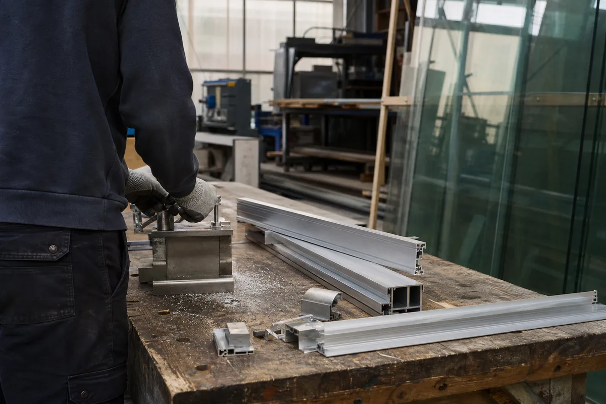 Atelier de menuiserie breton avec profils aluminium et panneaux de verre feuilleté préparés pour un garde-corps sur mesure
