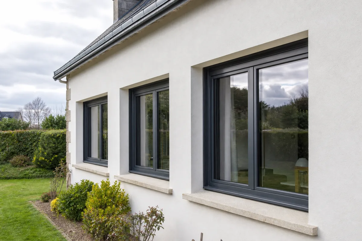 Rangée de fenêtres en aluminium anthracite posées sur la façade claire d&rsquo;un pavillon rénové près de Bruz
