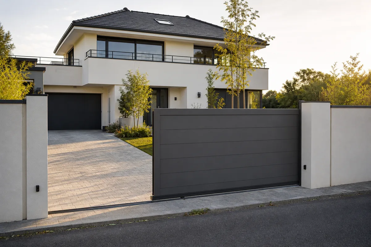 Portail coulissant en aluminium motorisé devant l&rsquo;allée d&rsquo;une maison neuve au sud de Rennes