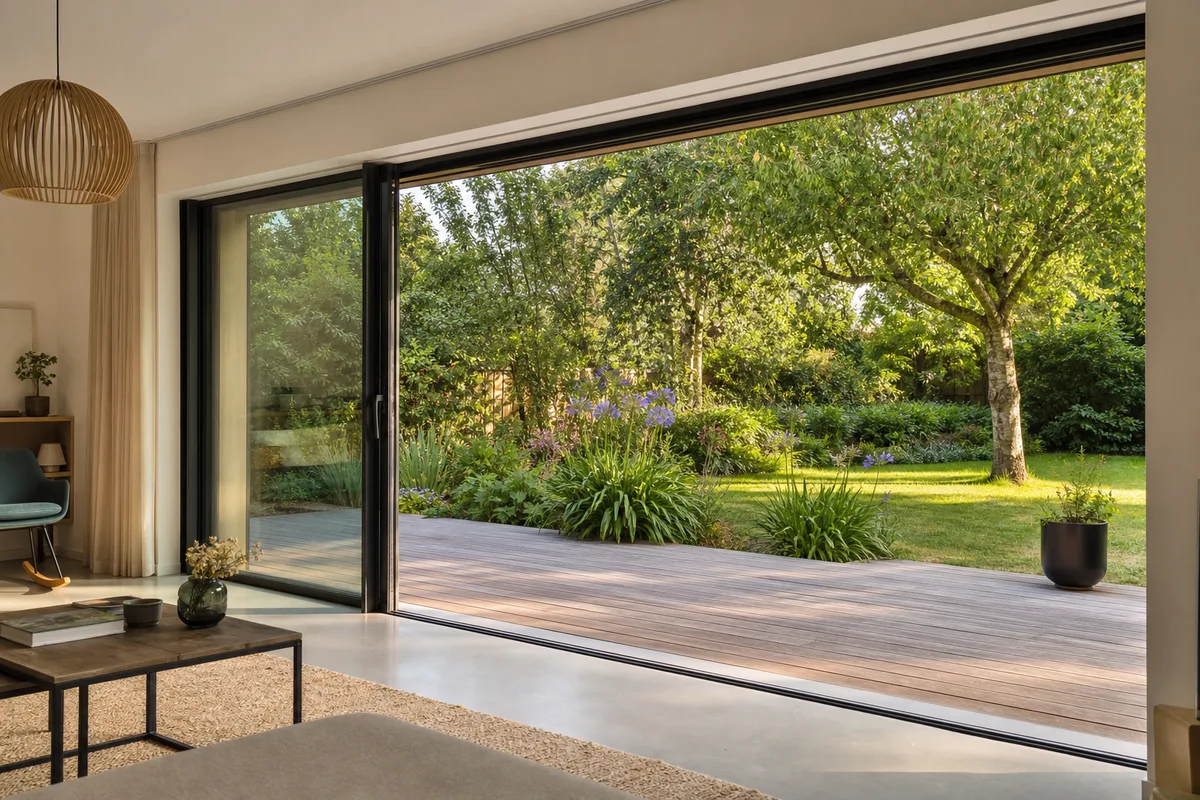 Grande baie vitrée coulissante en aluminium ouverte sur un jardin