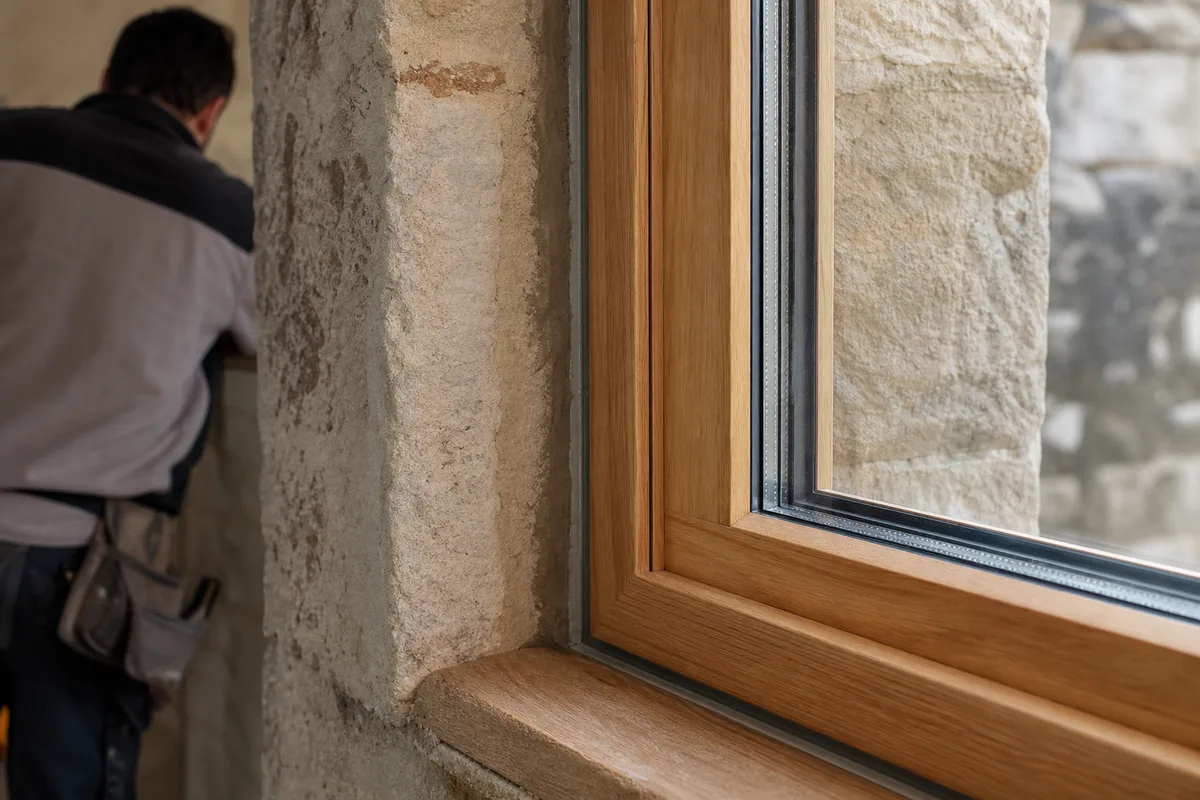Fenêtre bois posée en rénovation dans une maison rennaise, atelier lumineux et outillage soigné