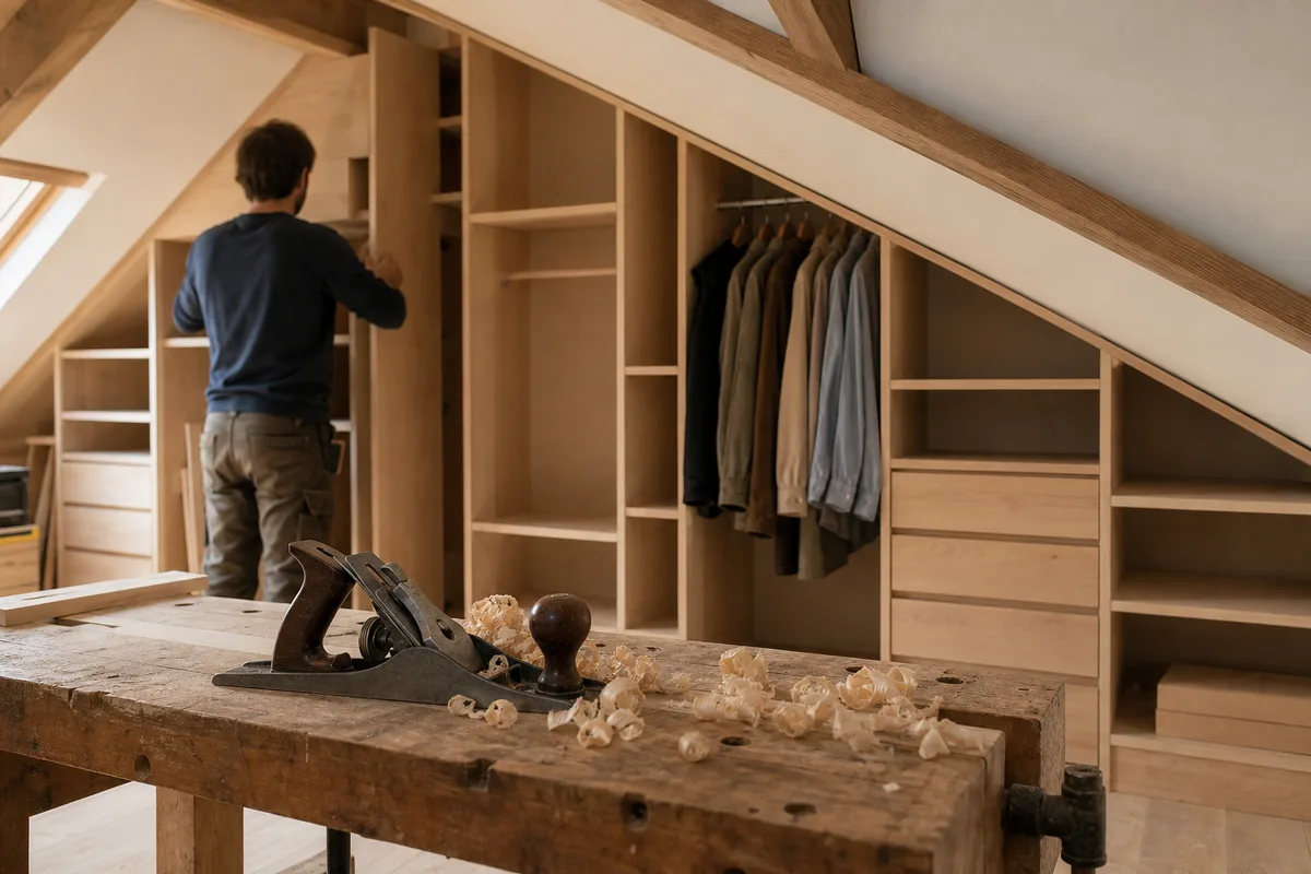 Dressing sur mesure en bois clair aménagé sous une pente, copeaux et rabot posés sur l’établi