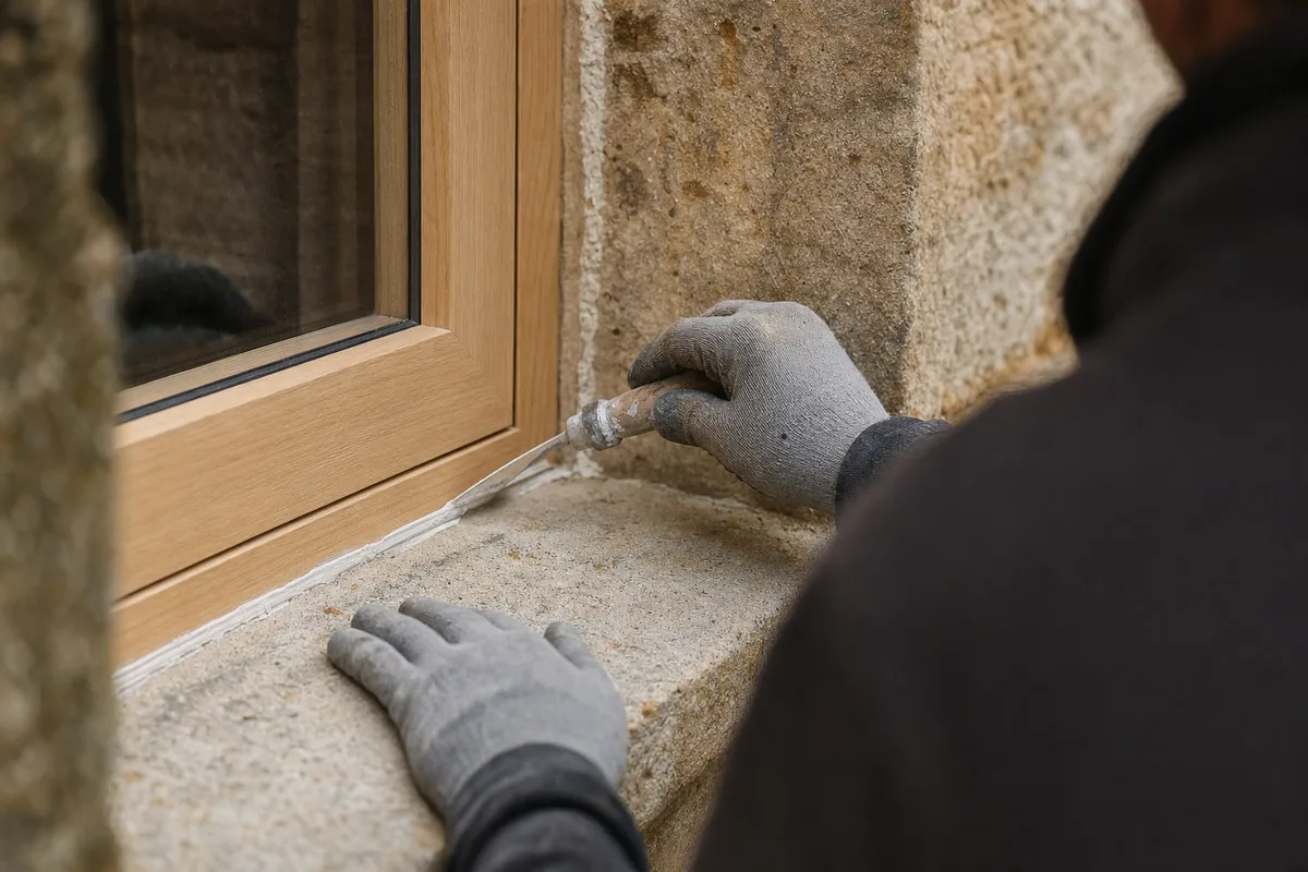 Fenêtre bois posée en rénovation sur une maison de bourg à Saint-Grégoire