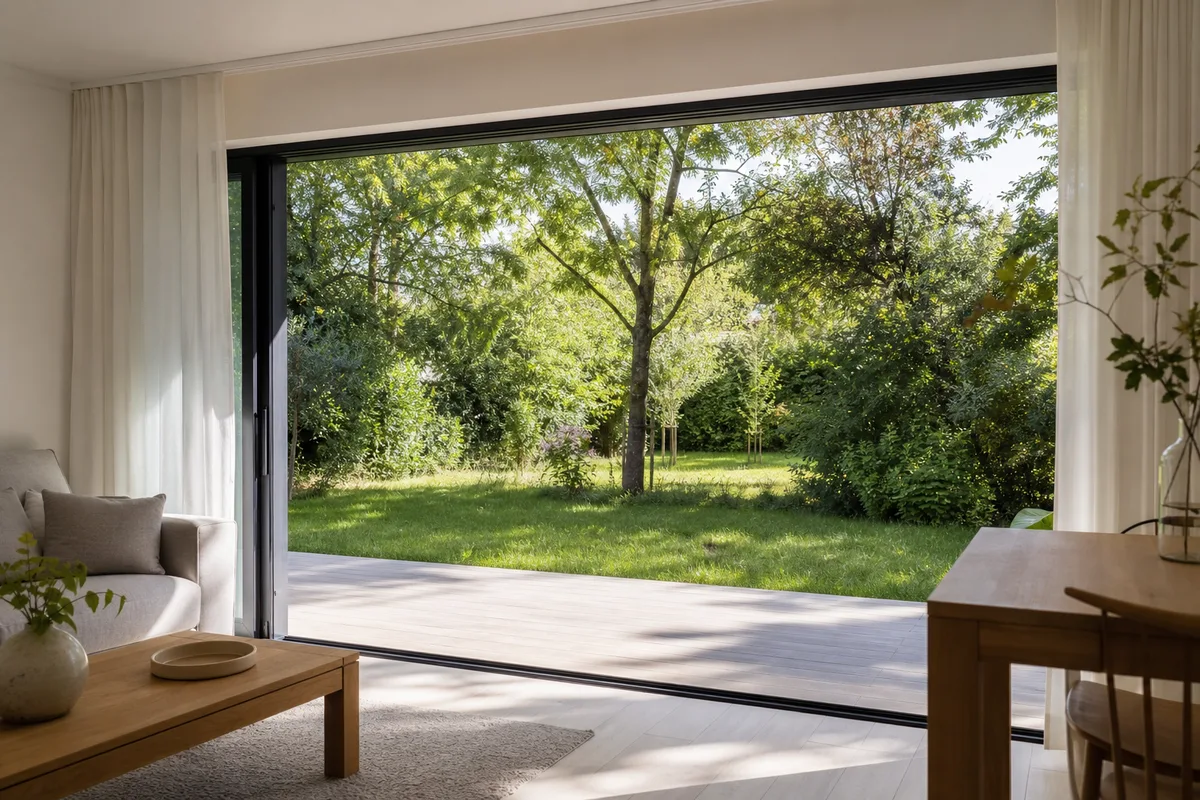 Baie coulissante aluminium ouverte sur le jardin d’un pavillon rennais
