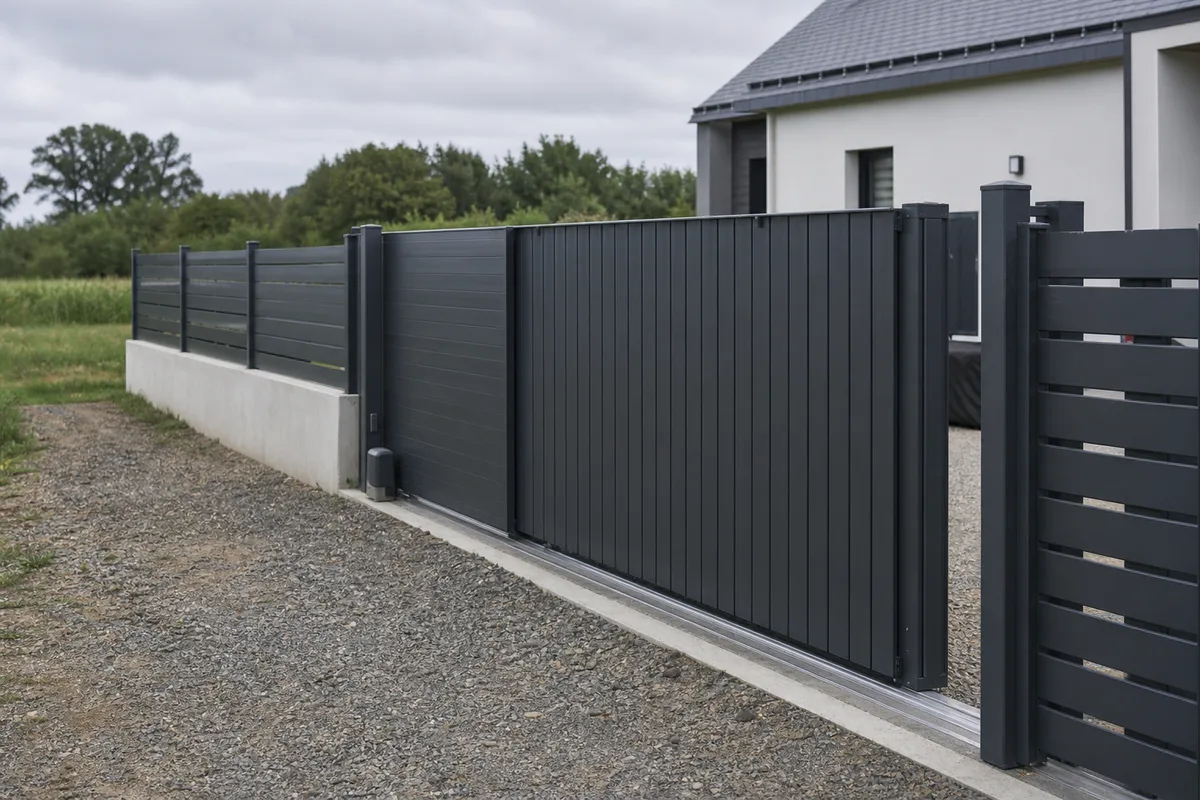 Portail aluminium coulissant gris anthracite installé devant un pavillon rennais avec clôture assortie