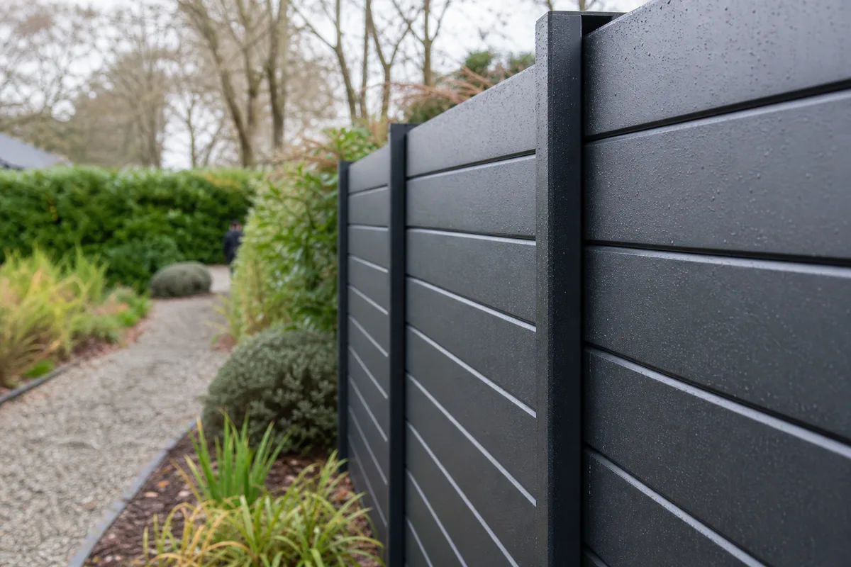 Clôture à lames aluminium horizontales le long d&rsquo;une allée avec jardin arboré breton en arrière-plan