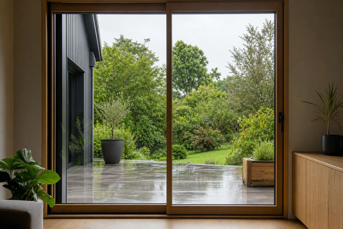 Porte-fenêtre vitrée ouvrant sur un jardin rennais, menuiserie posée en rénovation