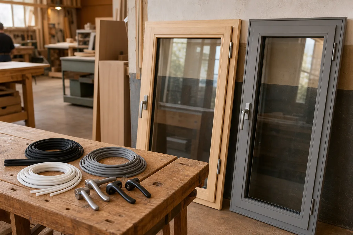 Fenêtre bois et crémone en cours de réparation sur l’établi d’un atelier de menuiserie