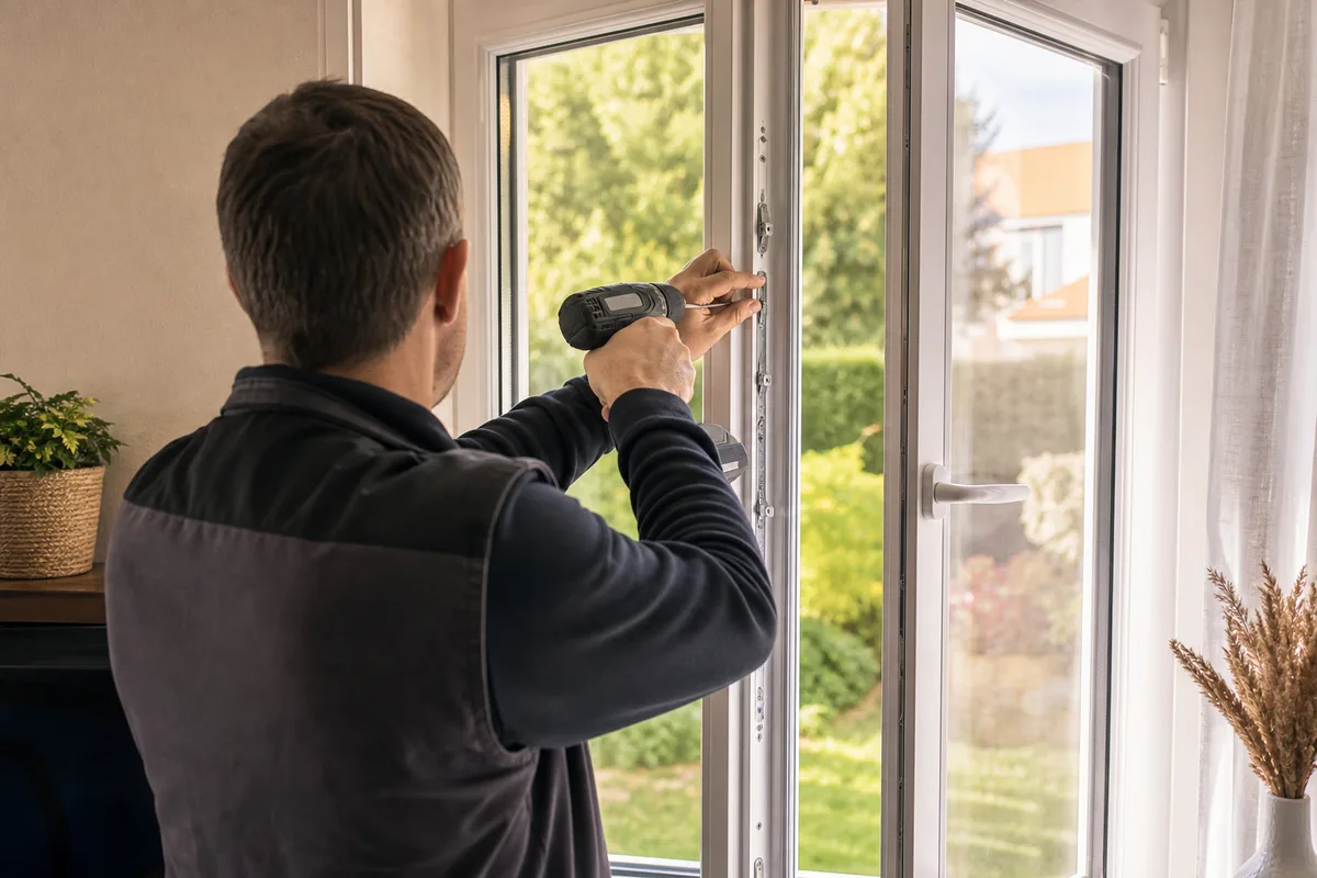 Menuisier réglant une fenêtre PVC en rénovation dans un pavillon près de Rennes
