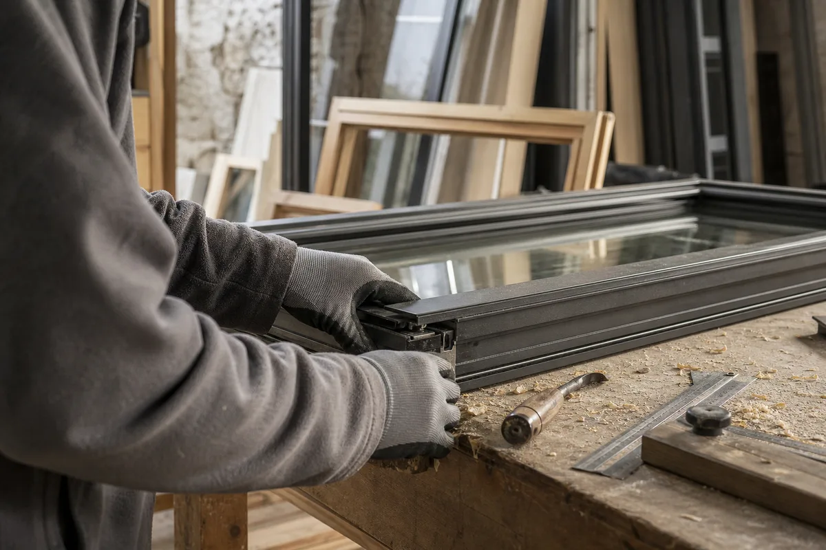 Fenêtres bois et aluminium posées en rénovation dans un atelier de menuiserie breton