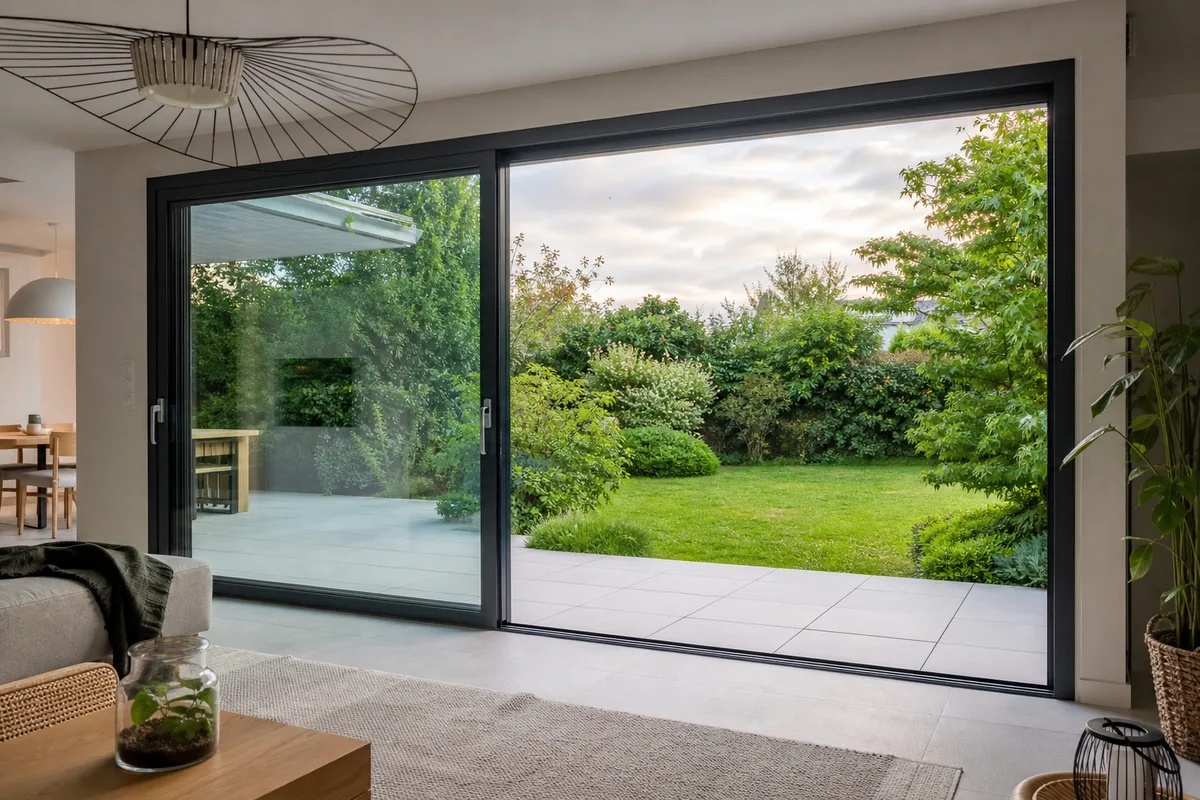 Baie vitrée aluminium ouvrant sur un jardin rennais, lumière douce d&rsquo;atelier